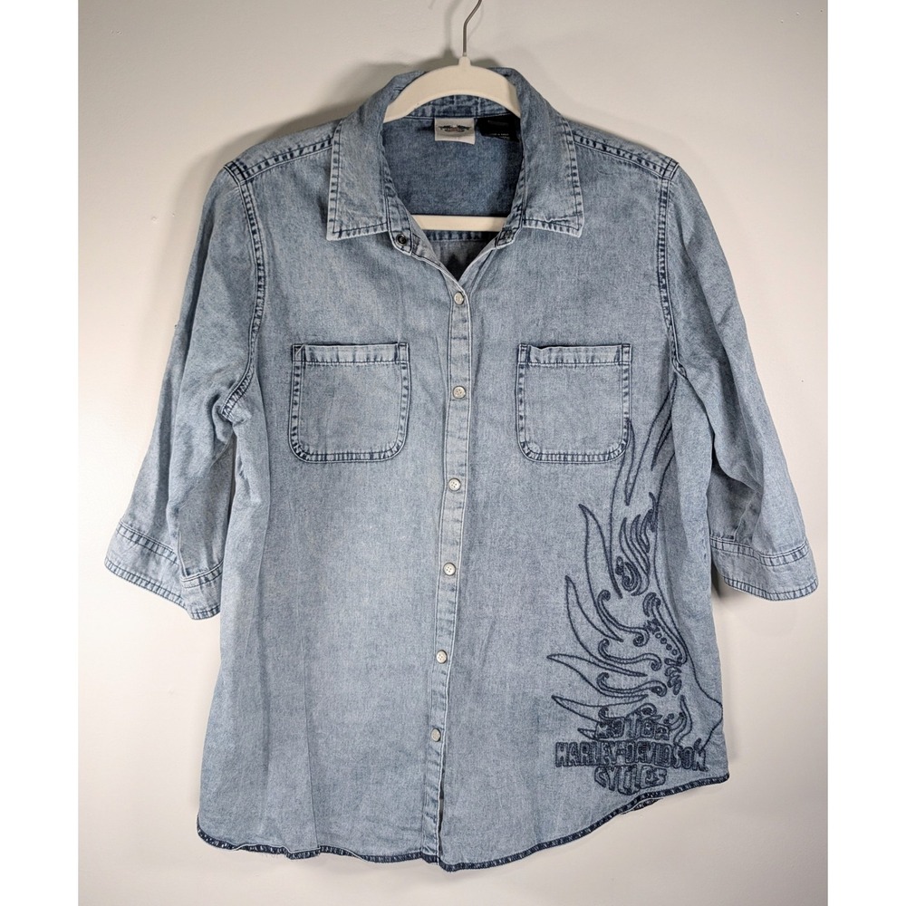 Harley-Davidson Womens Light Wash Denim 3/4 Sleeve Snap Up Shirt Large